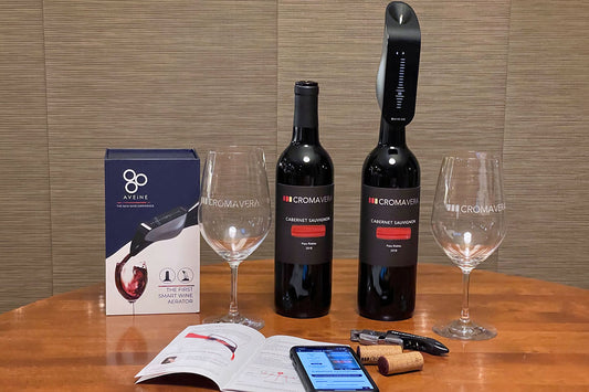 Image of the Aveine Smart Aerator, packaging, and a Croma Vera Cabernet Sauvignon that we used to test the Aveine aerator.