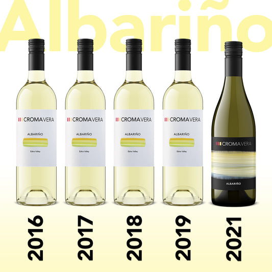 Five vintages of Albariño bottles