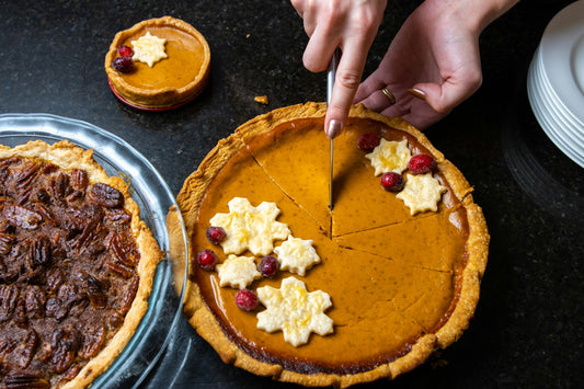 Image of Pecan Pie and Pumpkin Pie for Thanksgiving. Pecan Pie pairs particularly well with Croma Vera's aged Tempranillo and Pumpkin Pie pairs particularly well with Croma Vera's Coastal Grenache