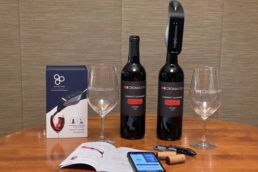 Image of the Aveine Smart Aerator, packaging, and a Croma Vera Cabernet Sauvignon that we used to test the Aveine aerator.